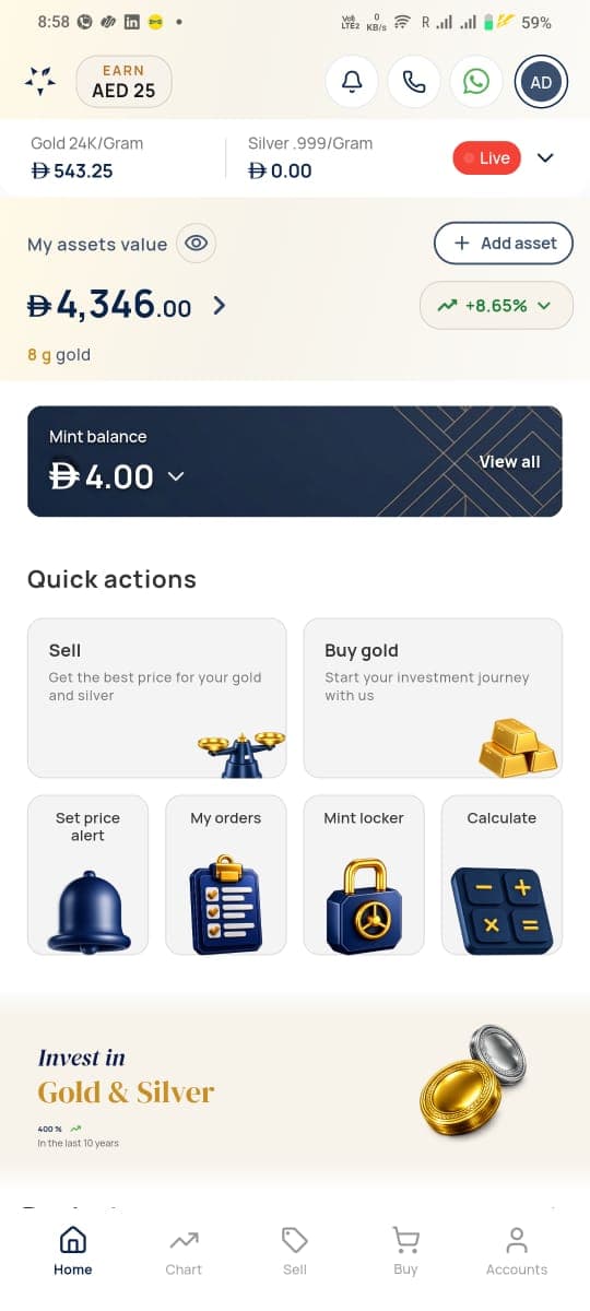 Mint Wealth app live gold and silver prices in AED